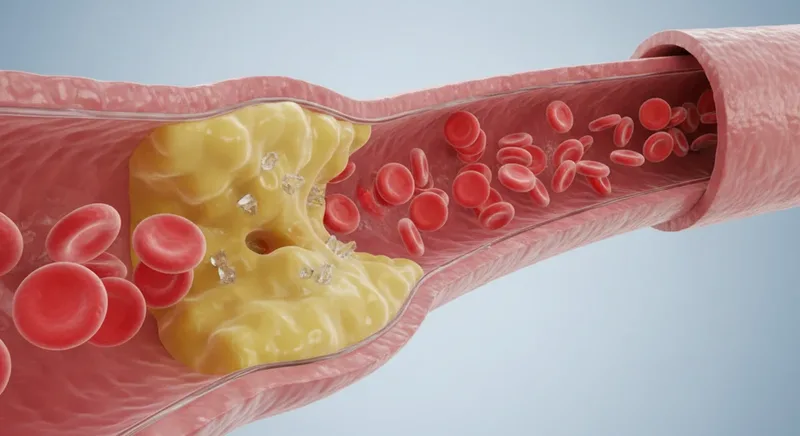 Artery cross-section showing red blood cells, plaque, HDL and LDL cholesterol