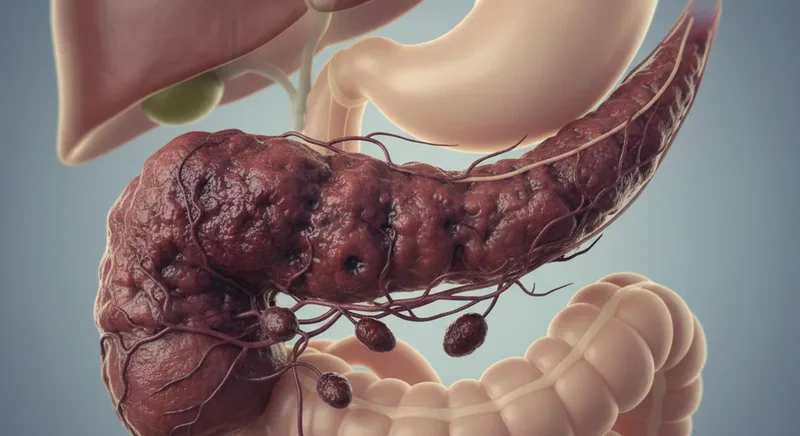 Advanced pancreatic tumor with spread to surrounding tissue